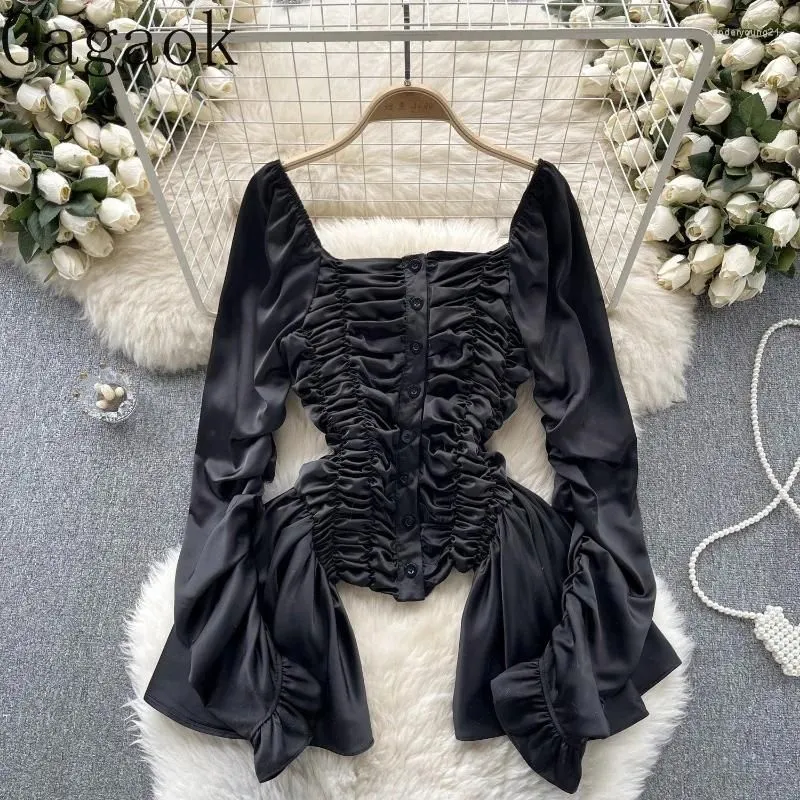 Women`s Blouses Gagaok 2024 Early Spring Chiffon Shirt Women Design Pleated Slim Ruffles French Vintage Square Neck Top