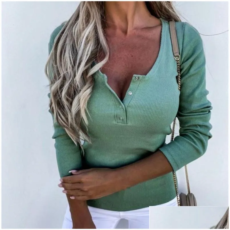 Women`S Polos Womens S Autumn Tops Tee Shirts Blouse Round Neck Solid Color Long Sleeve Short Blouses Women Slim Drop Delivery Apparel Dhmfd