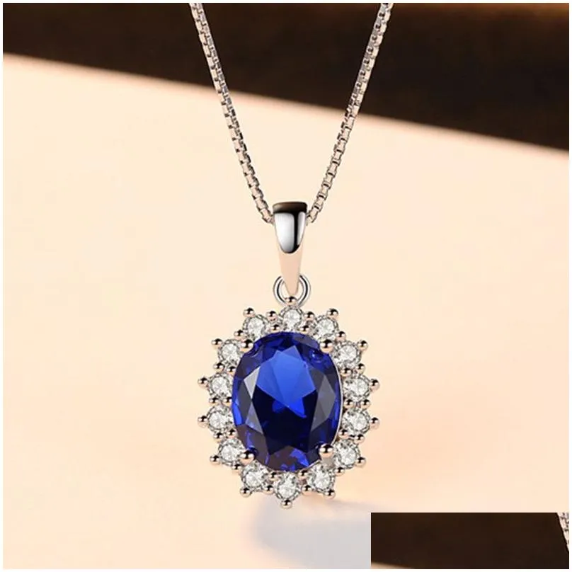 Pendant Necklaces Womens Unique Blue Topaz Jewelry Classic 925 Sterling Sier Oval Shape Diamond Wedding Necklace Drop Delivery Pendant Dhmkg