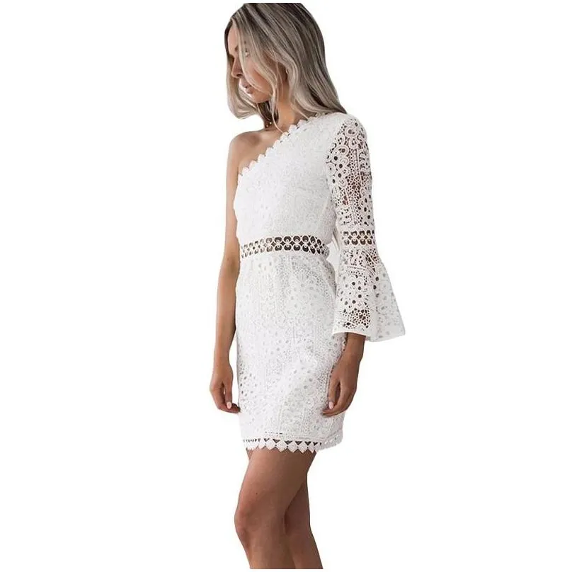 Basic & Casual Dresses Women White Lace Dress Y One Shoder Flare Sleeve Cloghet Bodycon Hollow Out Clubwear Mini Party Drop Delivery Dh80J