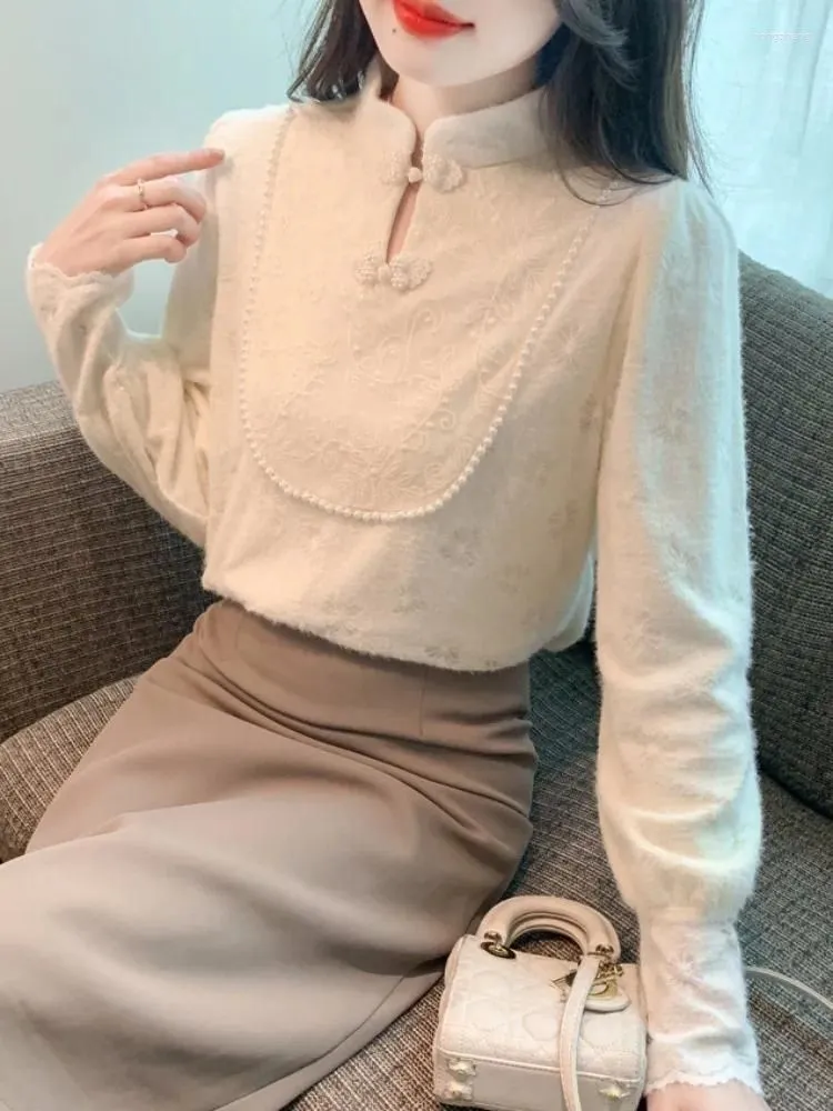 Women`s Blouses Plush Elegant Blouse Women Winter Thick Tops Fashion Stand Collar Vintage Chinese Panbuckle Lace Chiffon Shirt