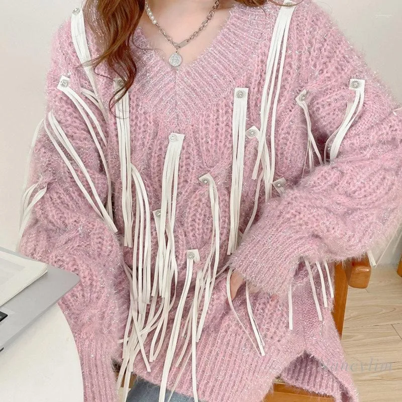 Women`s Sweaters 2023 Spring And Winter V-neck Pullover Tassel Sweater Thickened Loose Knitwear Idle Style Jumpers Streetwear