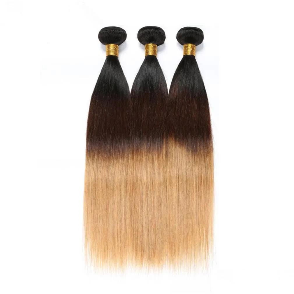 1B 4 27 Honey Blonde Ombre Brazilian Human Hair Straight Weaves with Closure Three Tone Colored 4x4 Front Lace Closure with