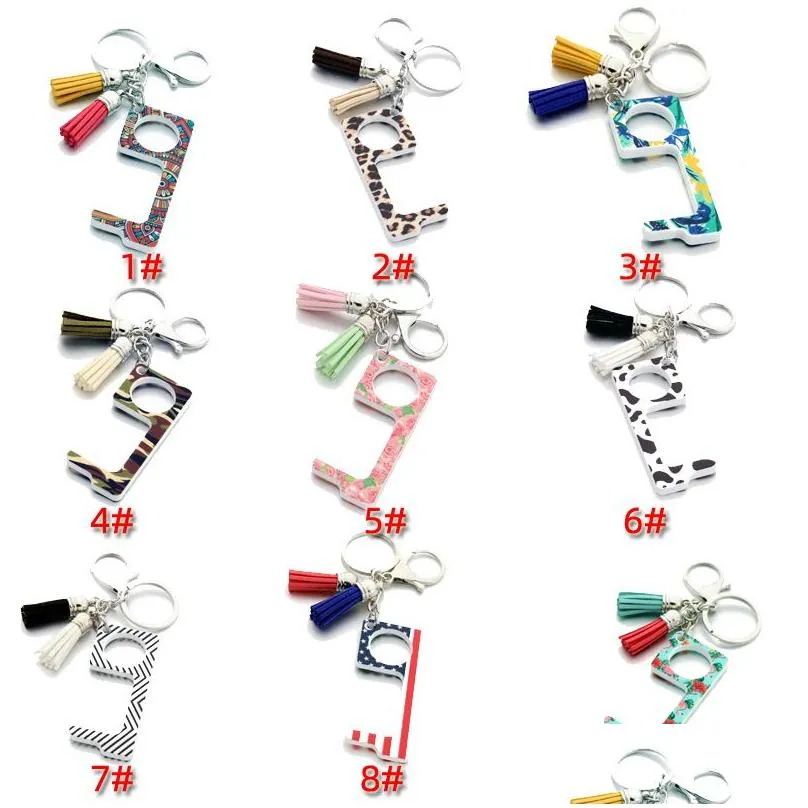 Key Rings Keychain Contactless Door Opener Touch Pler Pusher-Keep Hands Clean Tassel Keyring Cute Pattern Print Prevention Tool Drop Dh63I