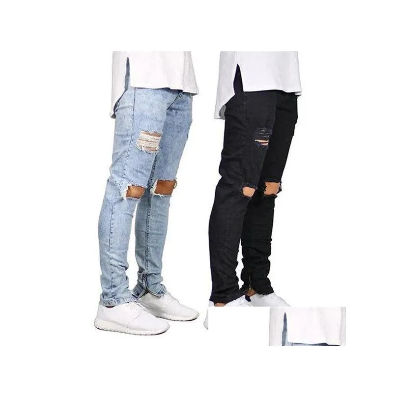 Men`S Jeans Mens 2 Colors Casual Knee Hole Zipper Design Elastic Waist Pencil Slim Fit Fashionable Urban Wind Style Cool Drop Deliver Dh6Ci