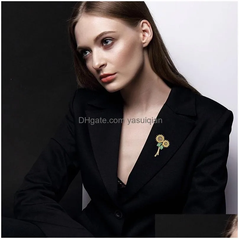 Pins, Brooches Trendy Sunflower For Women Shiny Zircon Luxury Coat Suit Brooch Pin Clothing Accessories Flower Cor Jewelry Drop Deliv Dhtfz