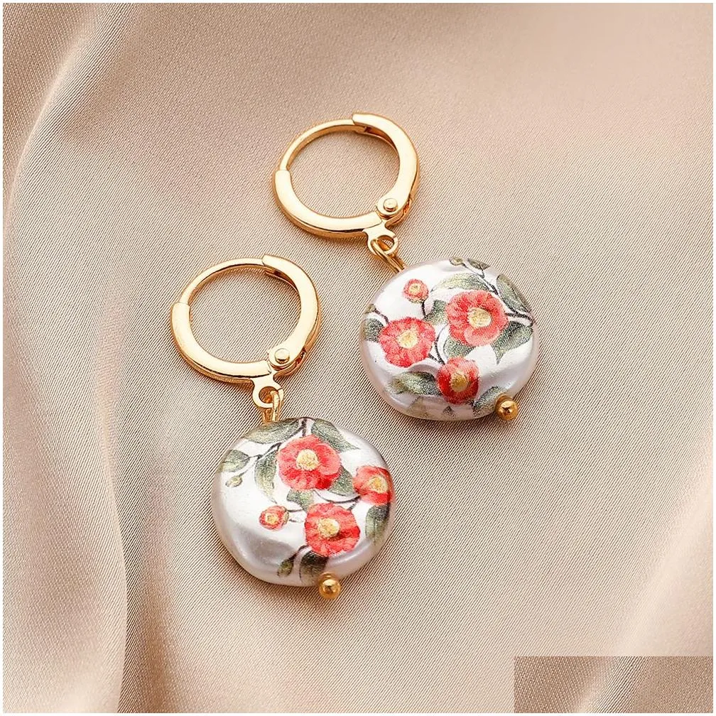 Dangle & Chandelier Women Fashion Baroque Pearl Earrings Elegant 18K Gold Butterfly Rose Flower Printed Female Earring Jewelry Wholes Dhzbm