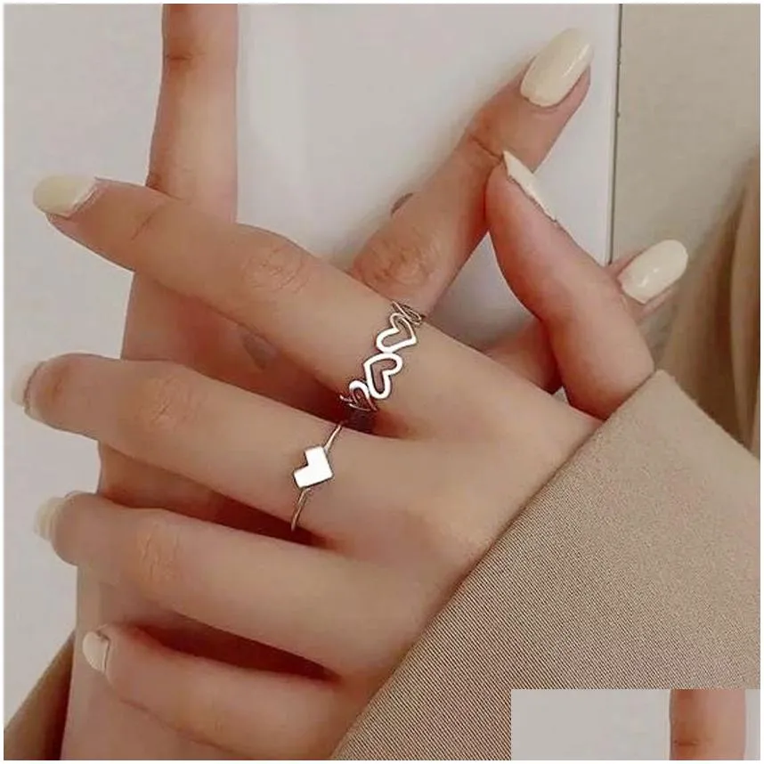 Band Rings Ins Fashion Heart 925 Sier Two Pcs In A Set Size Finger Ring Rhinestone Jewelry Drop Delivery Dhug3