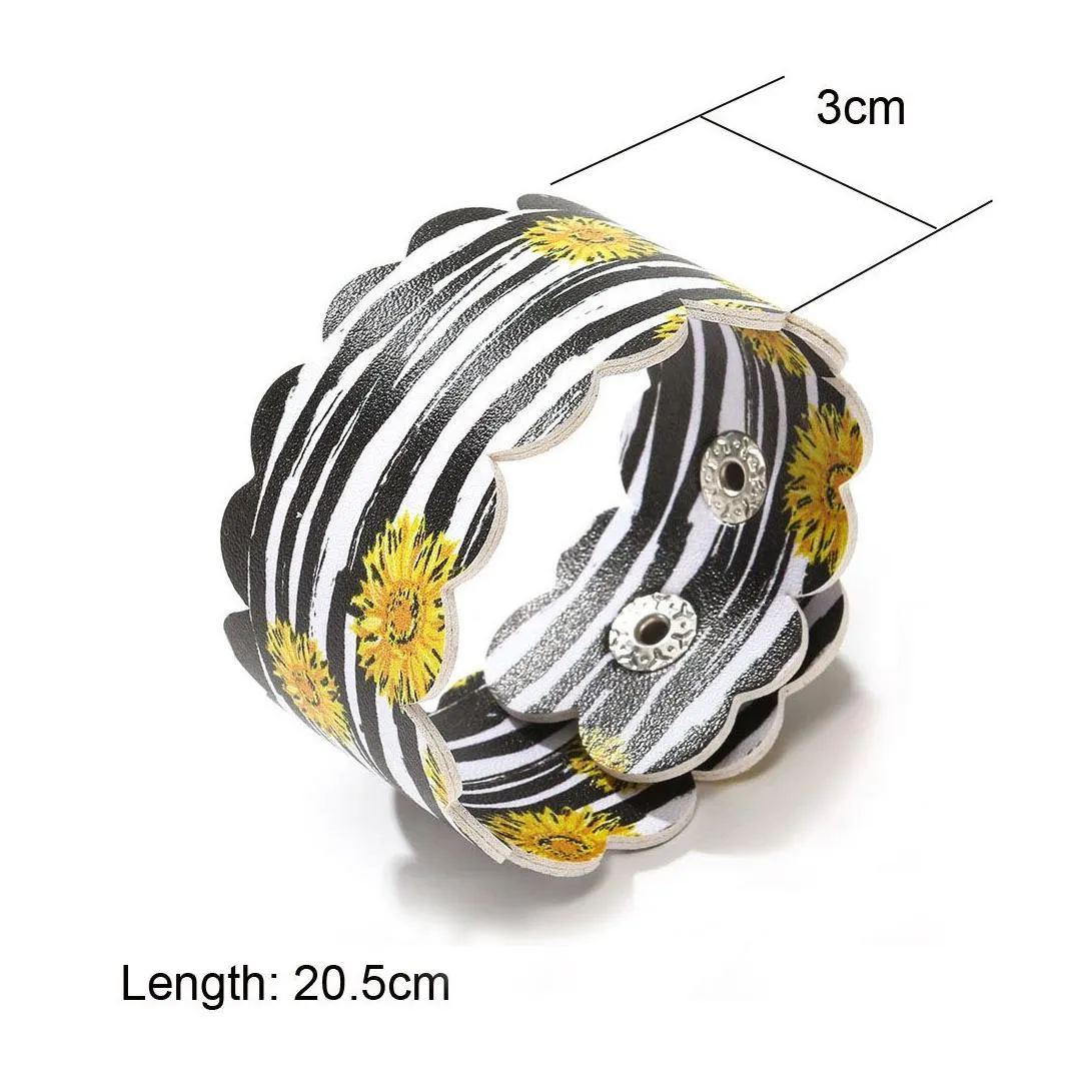 Cuff Fashion Statement Women Ethnic Lovely Sunflower Pumpkin Daisy Printed Leather Bracelet Personality Adjustable Wide Drop Delivery Dhf7J