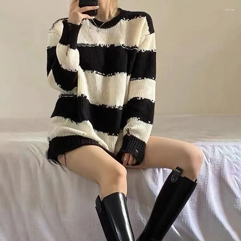 Women`s Sweaters Black And White Striped Sweater Autumn 2023 Korean Series Idle Style Loose Outer Wear Spring Long Sleeve