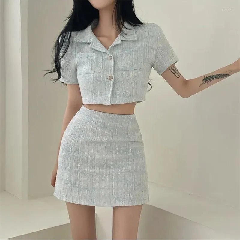 Work Dresses Sweet Girl Suit Women`s Summer Tweed Short-sleeved Coat High Waist A-line Hip Mini Skirt Two-piece Set Fashion Female