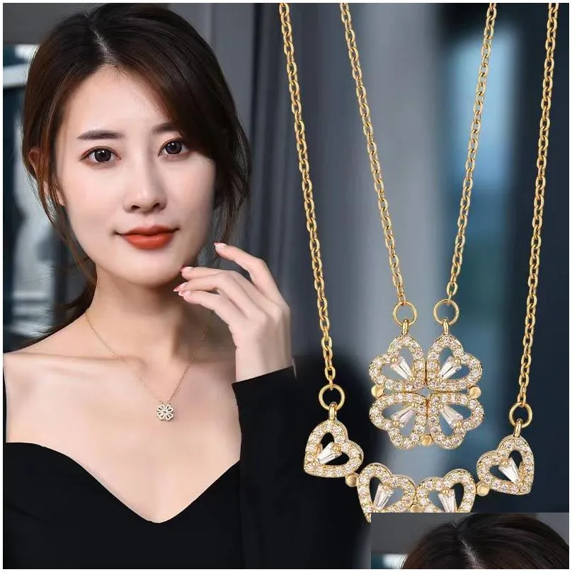 Pendant Necklaces 18K Gold Women Magnet Clover Necklace Jewelry Mama Crystal Drop Delivery Pendants Dhxox