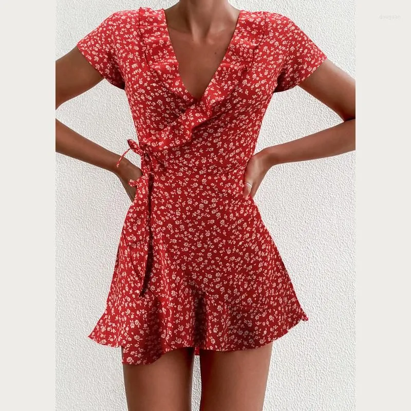 Casual Dresses A-line Women`s Summer Dress Elegant Floral Mini With Ruffles And Short V-neck For Ladies Chic Flowers Party