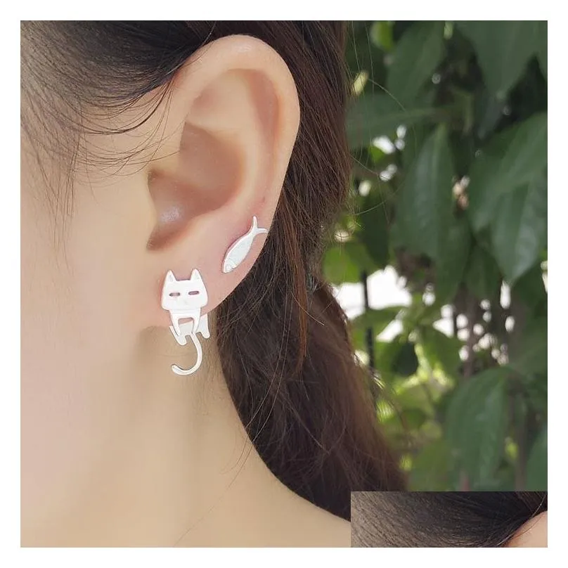 Stud 925 Sier Cute Cat And Fish Earrings For Women Gift Hypoallergenic Eardrop Female Fashion Jewelry Wholesale Drop Delivery Dh9Er