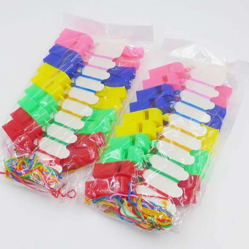 The factory sells colored plastic whistle, children`s ground stall, toy fans competition, referee whistle and rope jewelry directly.