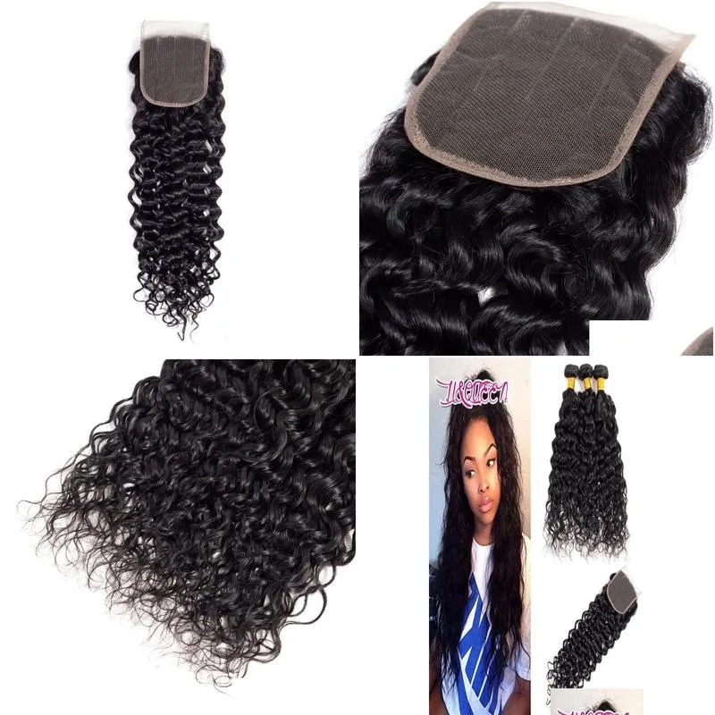 9A Peruvian Water Wave Hair With Closure 3 Bundles With Closure Human Hair Peruvian Wet And Wavy Hair With 4X4 Closure Wavy269g1269401