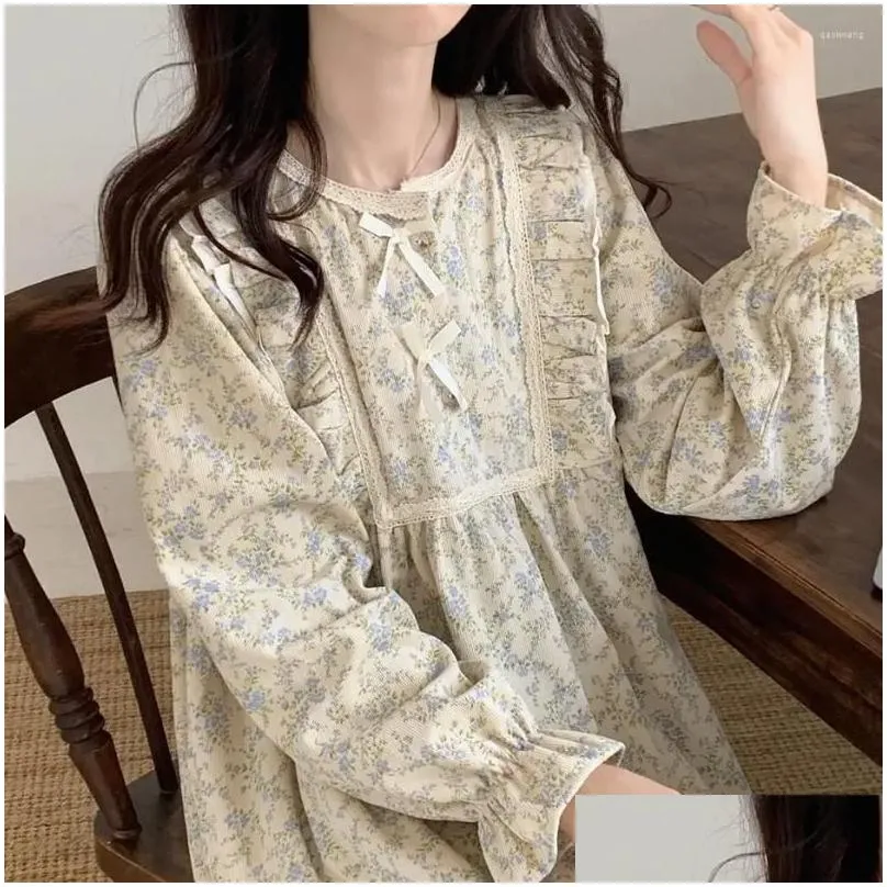 Women`S Sleepwear Womens Floral Print Nightgown Korean Vintage Ruffles Night Dress One Piece Pajamas Spring Long Sleeve Bow Home Wear Dhxjq