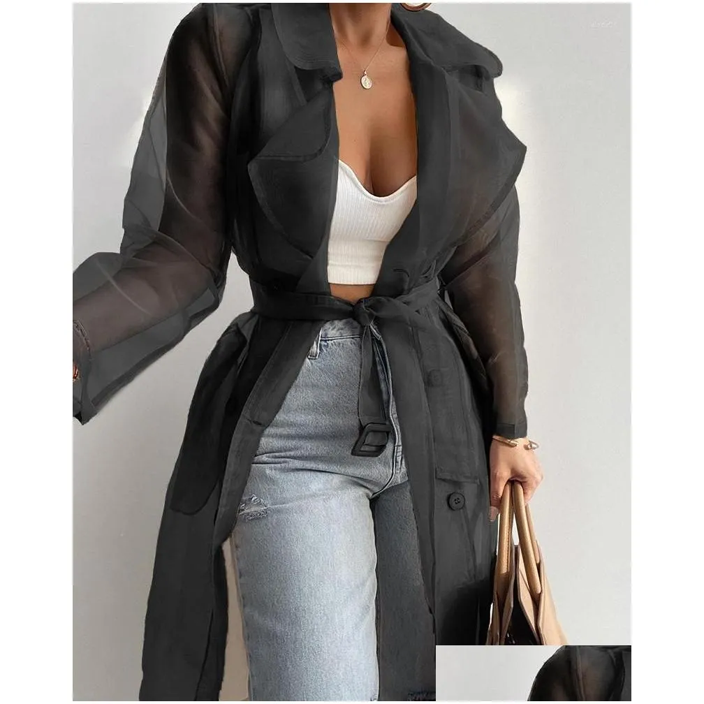 Women`S Jackets Womens Women See Through Outdoor Tops Lace Up Spring Solid Sheer Mesh Long Sleeve Buttoned Coat With Belt Elegant Shir Dhchm