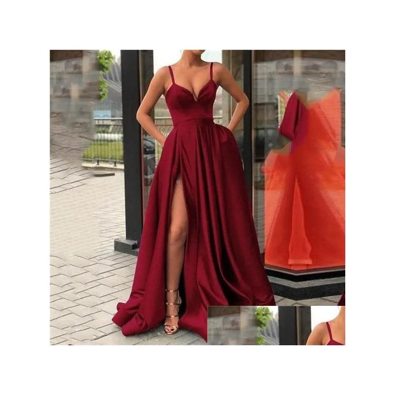 Basic & Casual Dresses Boutique Ocn V-Neck Satin Evening Gown With Thin Shoder Straps Side Slit Prom Dress High Drop Delivery Apparel Dh68D