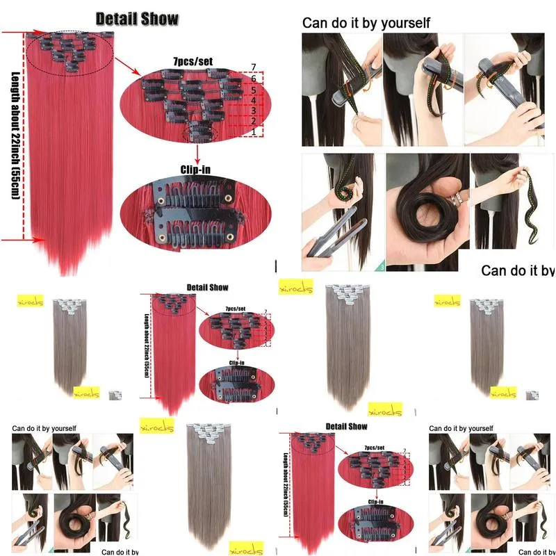 qjz13055 1p Xi.rocks Clip Hair Extensions Synthetic Extension Colors Straight Clips ins Heat Resistant Hair 2102171788778