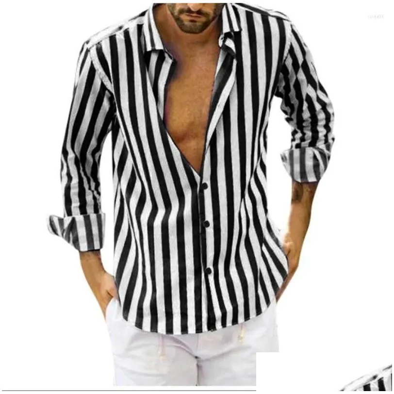 Men`S Casual Shirts Mens Black Loose Fit Top Men Fashio Long Striped Vertical Button Sleeve Dress Down Romper Drop Delivery Apparel C Dhgpk