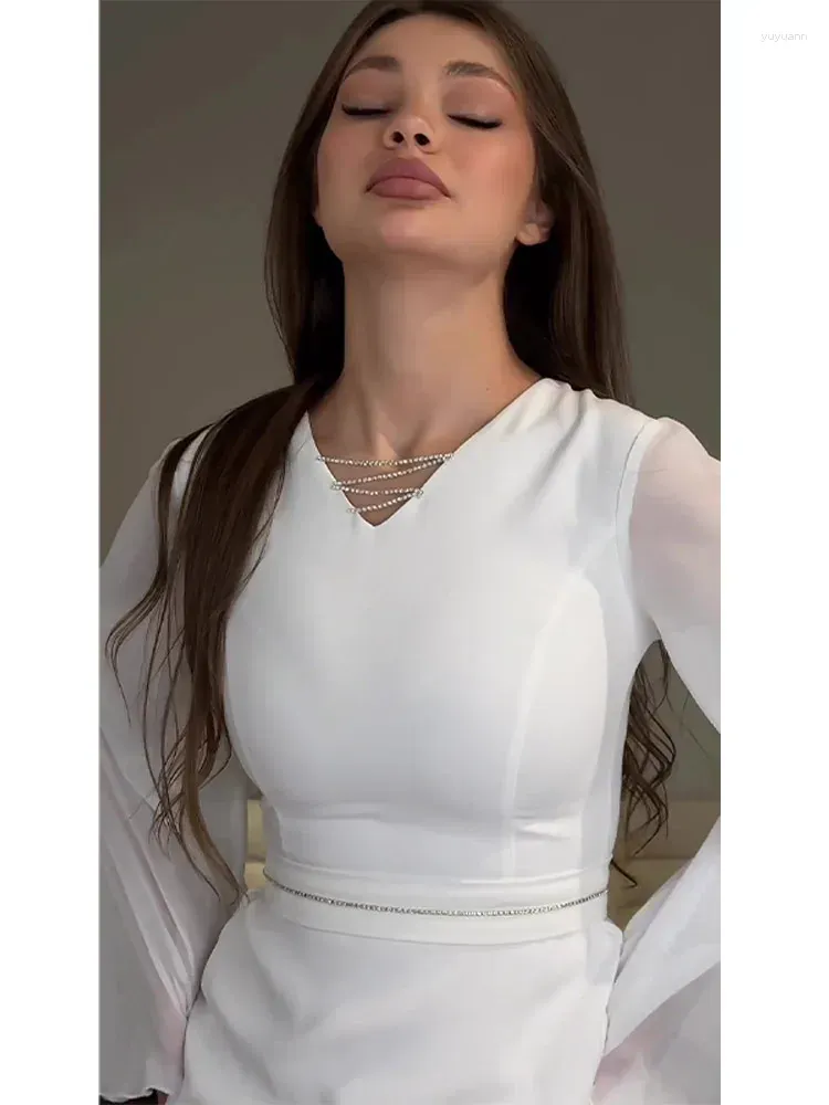 Casual Dresses White Elegant Long Pencil Dress Women Flare Sleeve V-neck High Waist 2024 Spring Summer Female Bodycon Holiday Robe