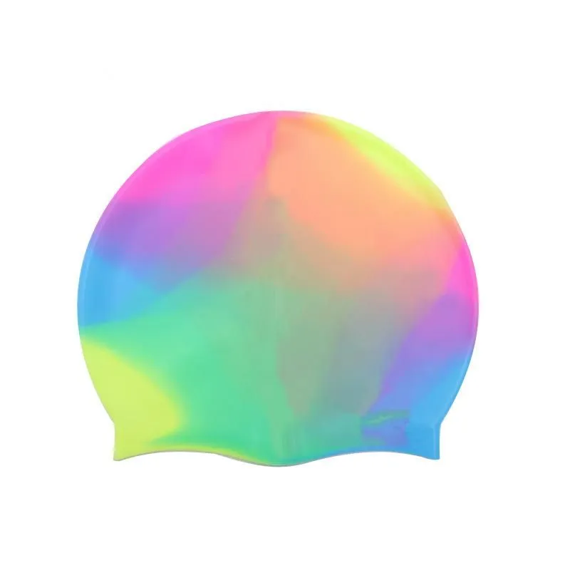 Rainbow Colorful Waterproof Silicone Ear Long Hair Protection Swim Pool Swimming Cap Swimwear Hats for Adults JXW603