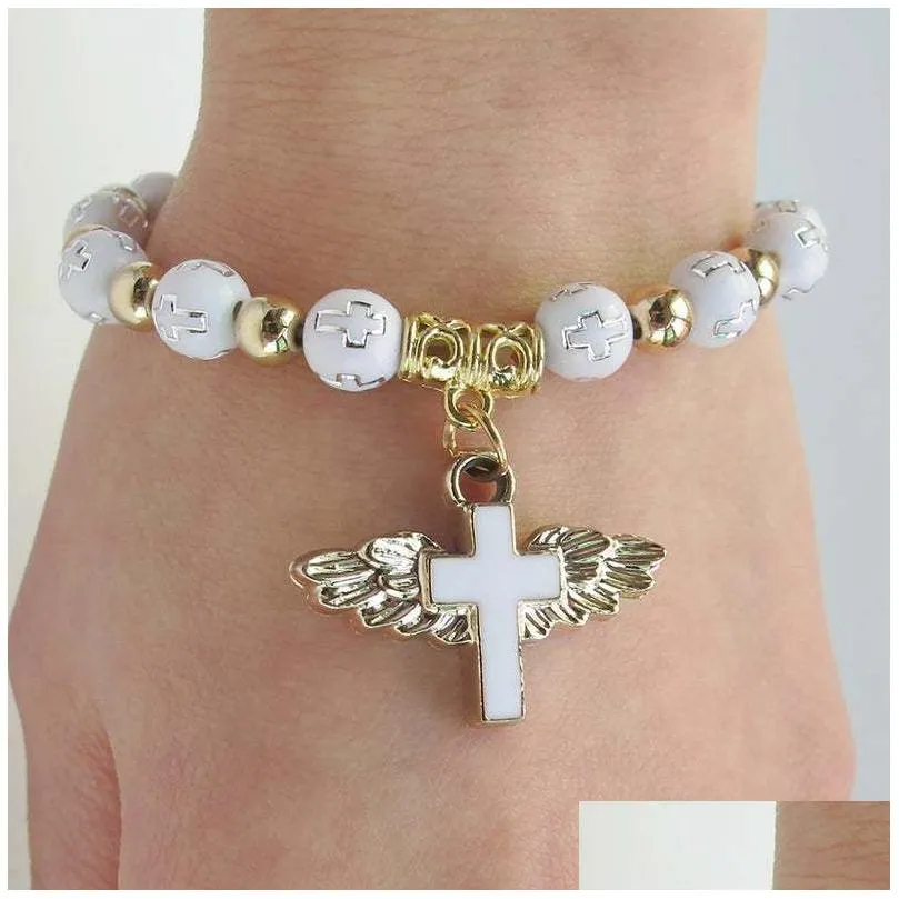 Beaded 2021 Fashion 18K Gold Acrylic Bracelet Rosary Virgin Mary Relius Jesus Cross Pendant Men Women Bracelets Drop Delivery Jewelry Dhuec