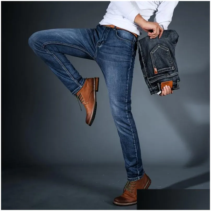 Men`S Jeans Mens 2021 Cholyl Men Midweigth Stretch Spandex Denim Slim Fit Pants For Business Jean Blue And Black Colors Drop Delivery Dh2Ju