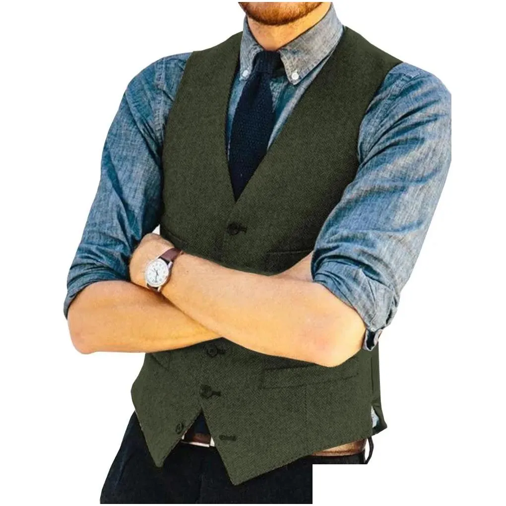 Men`S Vests Mens Suit Vest V Neck Herringbone Slim Fit Formal Green/Black/Brown Business Single-Breasted Waistcoat Groomman For Drop D Dhikr