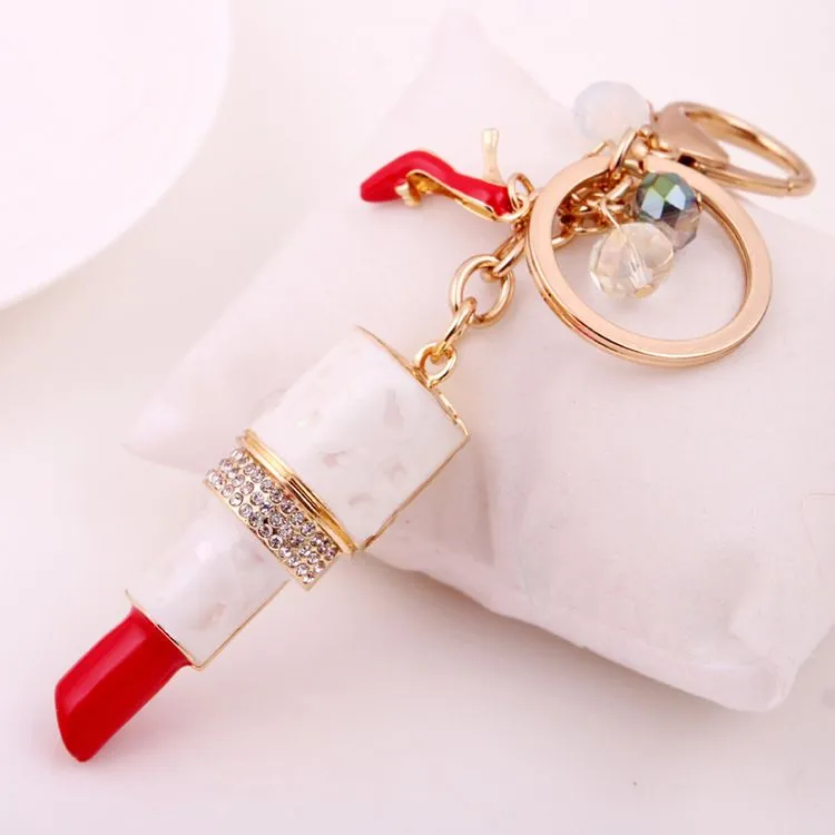 Rhinestone Lipstick Keychains Car Keyrings Key Chains Rings Holder Women Fashion Flower Clover Accessories Imitation Pearl Jewelry Bag Charms Pendant for