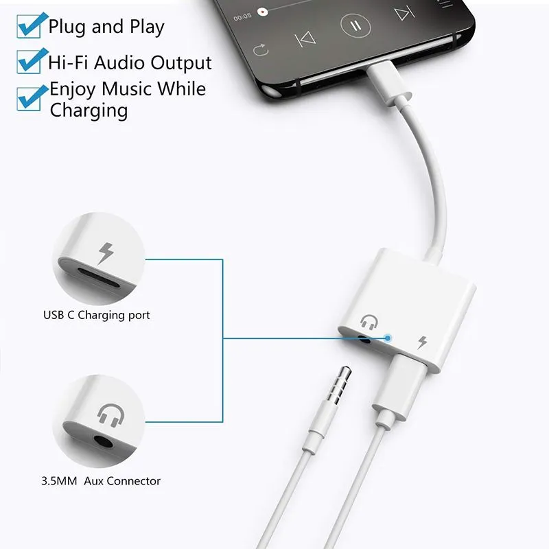 2 In 1 Dual Type C Jack earphone Adapter For Samsung S20 S10  USB Type C to 3.5mm AUX Audio Headphones Splitter Charging