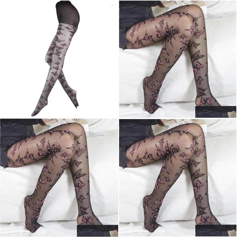 Socks & Hosiery Women Fashion Womens Colorized Butterfly Y Stockings Thin Romper Black Tights Drop Delivery Apparel Underwear Women`S Dhvcu