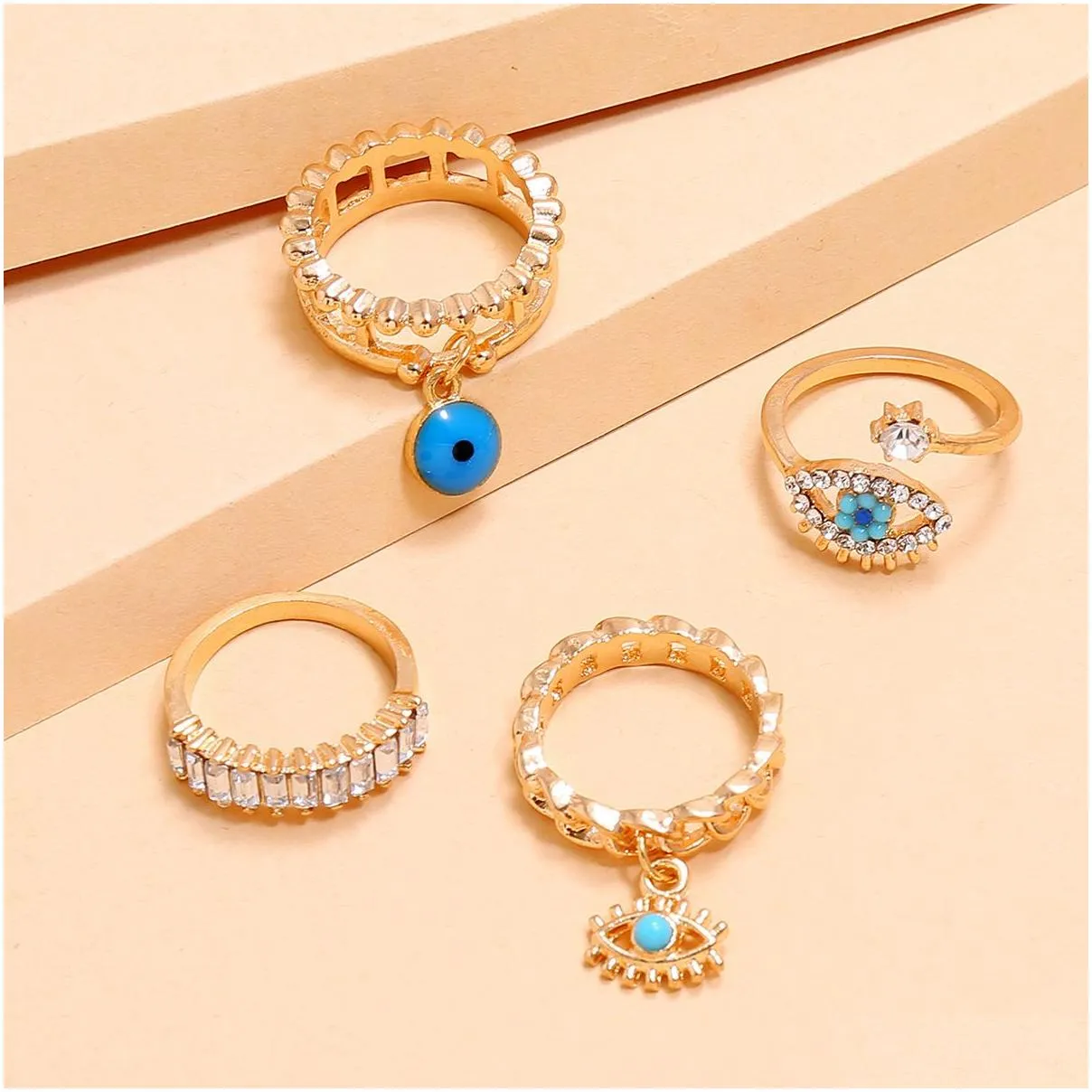 With Side Stones 4Pcs/Set New Fashion Turquoise Diamond Finger Rings Women Girls 18K Glod Evil Eye Ring Jewelry Set Drop Delivery Dhkcs