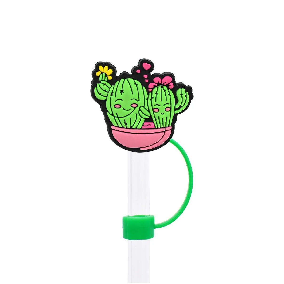 cactus decoration straw 10mm silicone straw dust cap detachable cartoon straw cap for children teenage