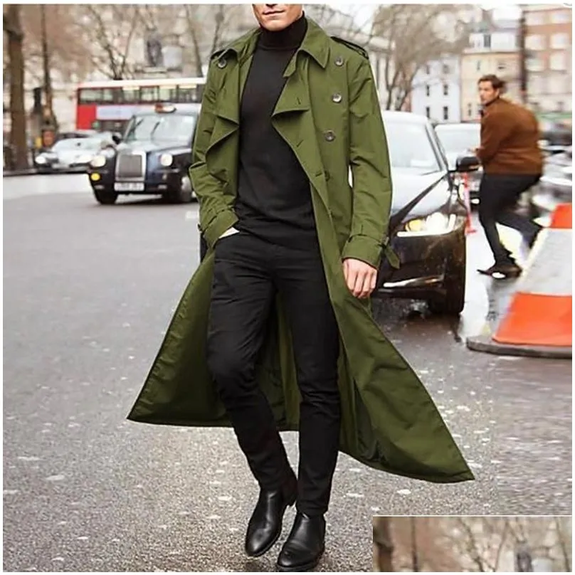 Men`S Trench Coats Mens Long Coat Men Solid Classic Winter Jacket Casual Loose British Style Overcoat Streetwear Drop Delivery Apparel Dhqc3