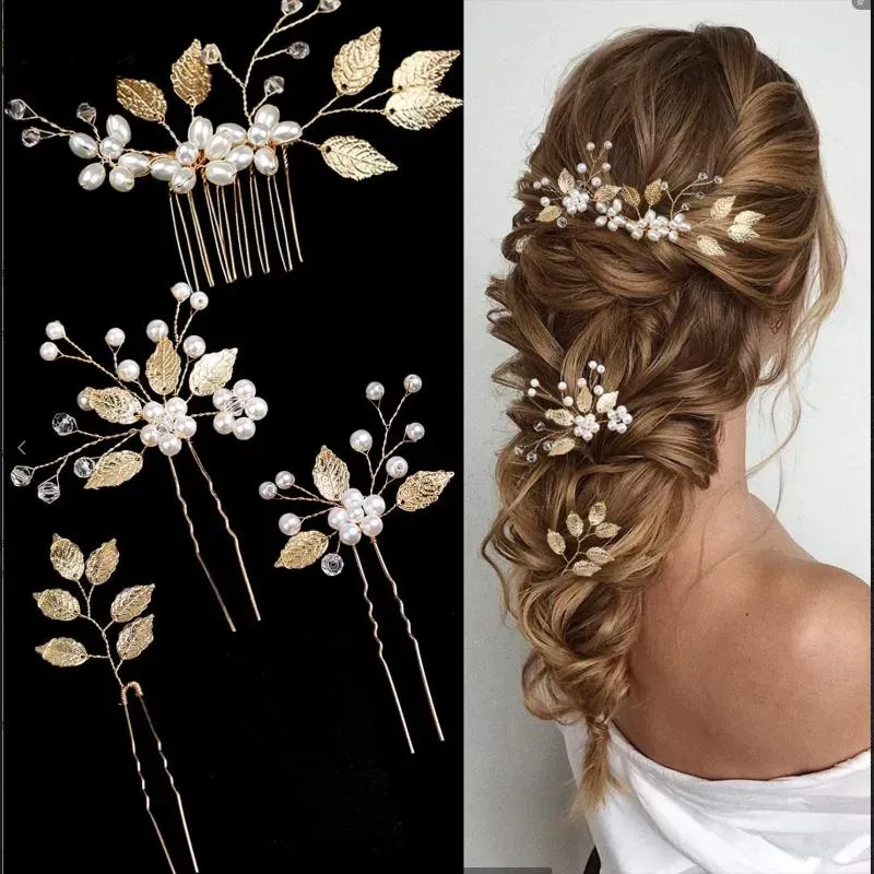 Hair Clips Pearl Flower Hairpin Side Comb Golden Leaf Shaped Alloy Tiaras Wedding Bride Insert Jewelry Headwear