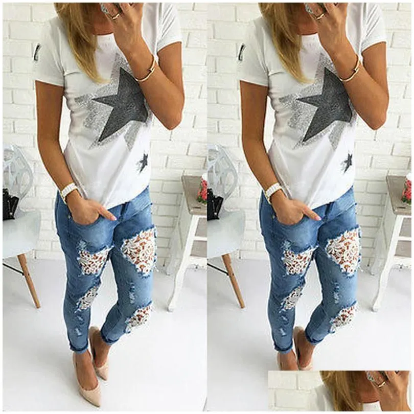 Women`S Jeans Womens Woman Spring Summer Fashions 2021 Plus Size Slim Fitted Ripped Female Casual Skinny Hole Pencil Lace Drop Delive Dhqsr