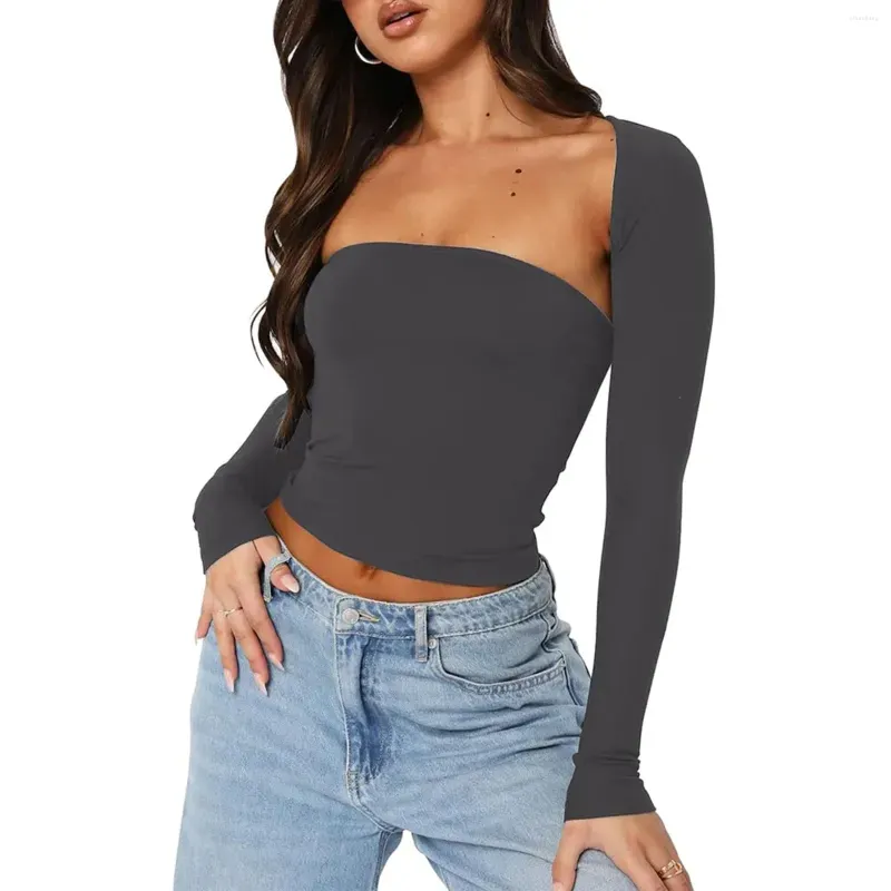 Women`s Tanks Slim Fit Y2K Crop Tops And Long Sleeve Shrug 2 Piece Cutout Strapless Solid Color Tube Streetwear