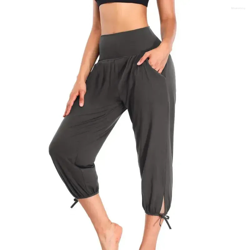 Women`s Pants Yoga Cropped Stylish High Waist With Pockets Solid Color Sport For Casual Wear Women