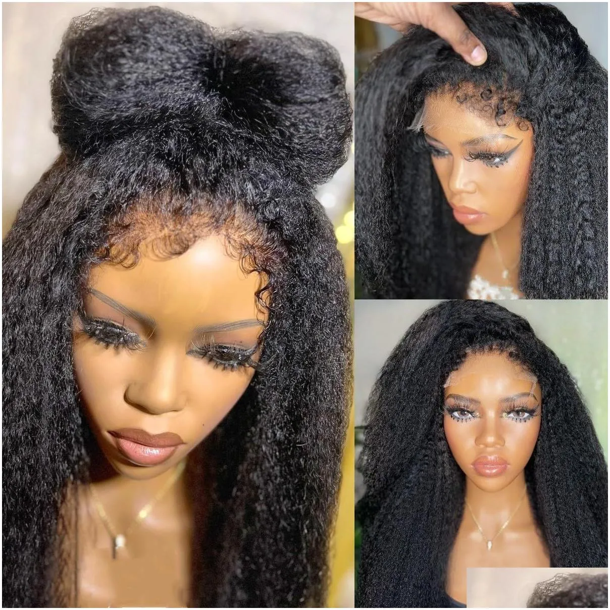 coarse yaki Kinky Straight Wig Transparent 360 full Lace Frontal Wig Curly Human Hair Wigs 360 Pre Plucked Glueless Closure Remy 130% HD