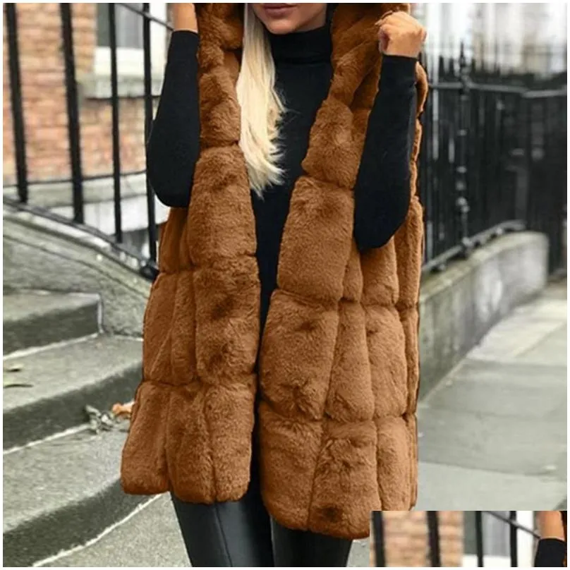 Women`S Vests Autumn Winter Womens Sleeveles Vest Hoodie Warm Double Thickening Faux Fur Work Female Jacket Outerwear Drop Delivery Ap Dhqky