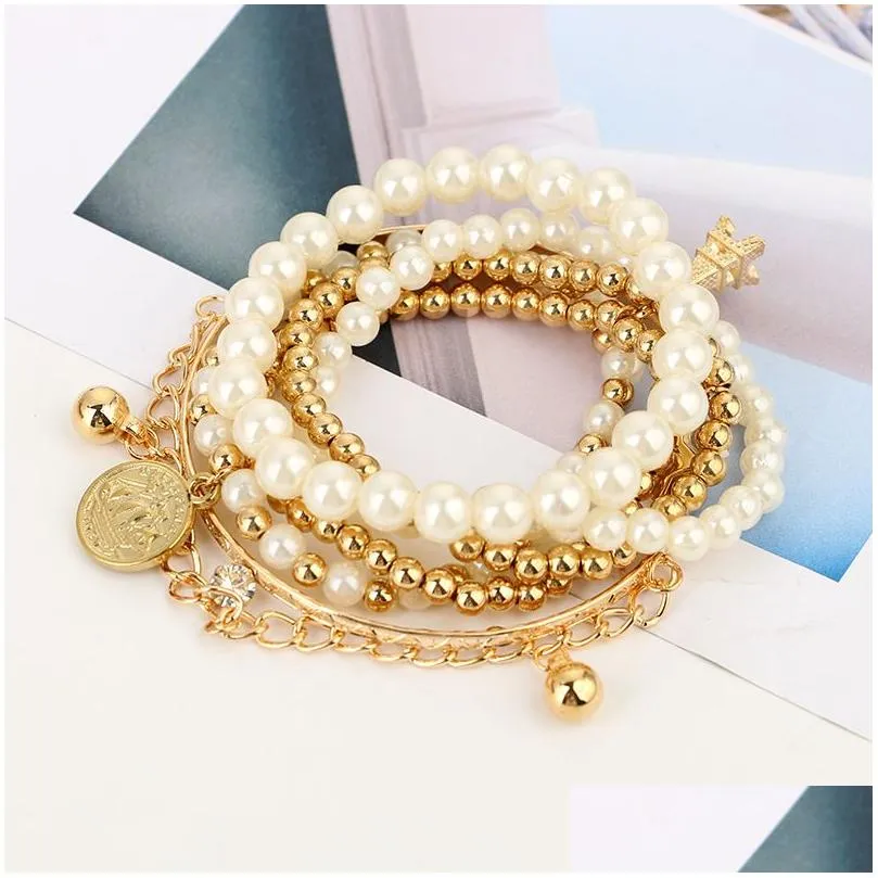 Chain 6Pcs Fashion Gold Color Link Pearl Beads Bracelet Star Mtilayer Beaded Bracelets Set For Women Charm Party Jewelry Gift 5483 Dr Dhuba