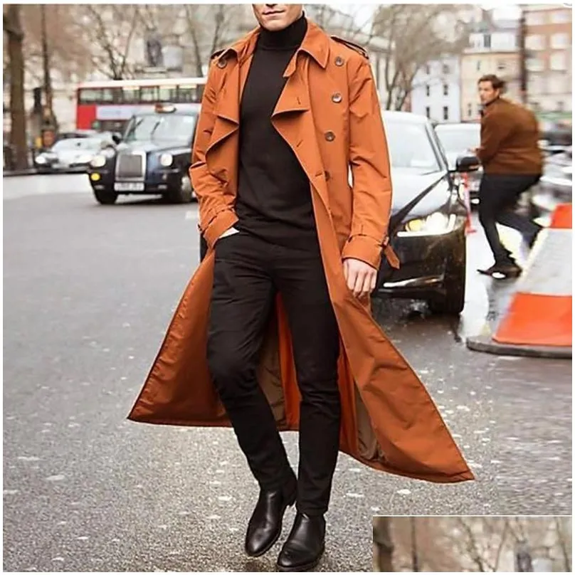 Men`S Trench Coats Mens Long Coat Men Solid Classic Winter Jacket Casual Loose British Style Overcoat Streetwear Drop Delivery Apparel Dhqc3