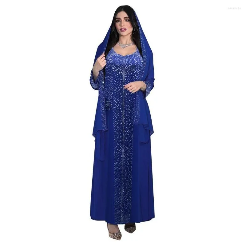 Ethnic Clothing Abaya Dress Muslim Elegant Long Sleeve V-neck Blue Pink Diamonds Party Evening Maxi Fashion