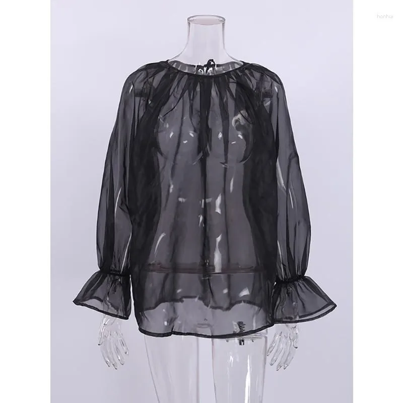 Women`s Blouses Transparent Organza Blouse Women Party Puff Sleeve Tops Autumn See Through Vacation Female Lace-Up Loose