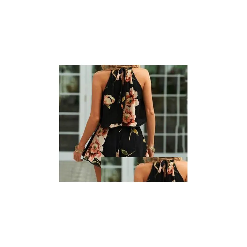 Women`S Jumpsuits & Rompers Womens Y Women Summer Casual Panelled Flower Printed Halter Sleeveless Short Club Suit Drop Delivery Appa Dhp94