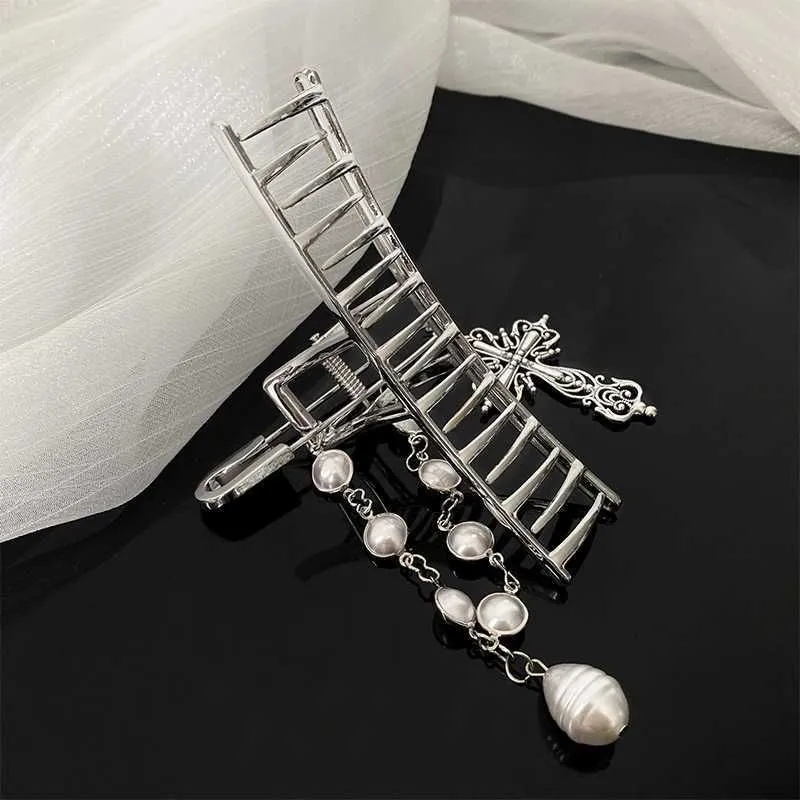 Dangle Chandelier New highquality gray metal pin strong hairpin personality cross pearl crab chuck pan head hair claw hair accessories women