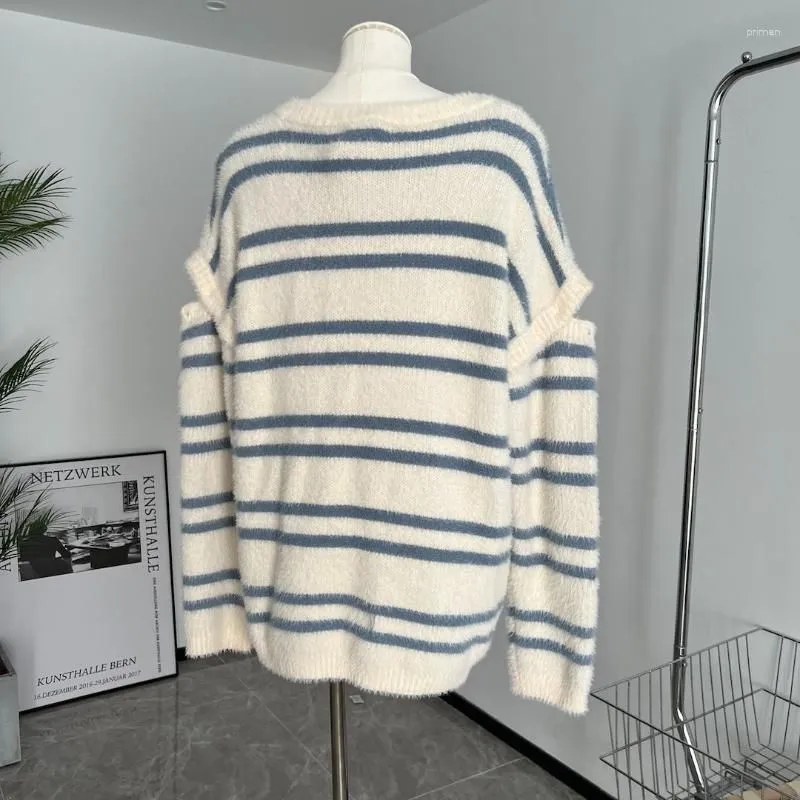 Women`s Sweaters EBAIHUI Elegant Sweater Blue White Stripes For Slim Design Ladies Knitwear Spring Versatile Loose Long Sleeve