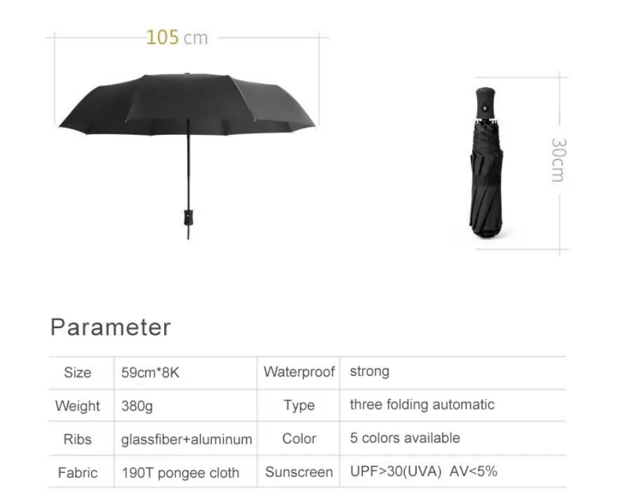 Automatic Umbrella Rain Women Men Classic Business Three Folding Umbrellas Brand 8 Ribs Windproof Black Golf Umbrella Parasol5123038